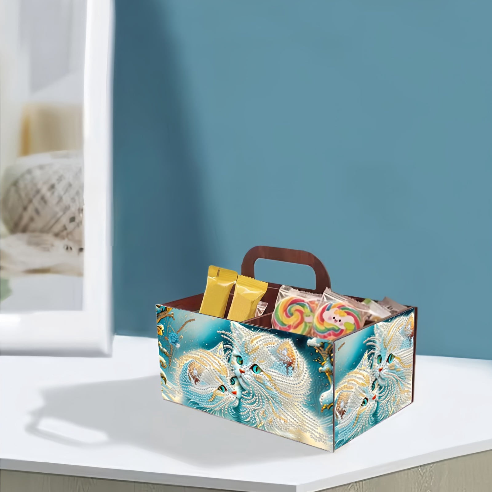 FLOPESN DIY Cat Diamond Art Painting 5 compartments Wooden Storage Box, 9.44*8.14in, Practical Rectangular Assembly Portable Multi-Grid Box