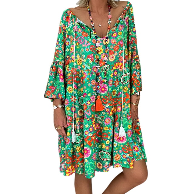 Robe d'Été à Manches Longues Col en V Robe d'Été pour Femmes Robe Imprimée Ample, Vert, 3TG