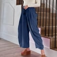 thumbnail image 5 of Sakmal Pleated Pants Women Elastic Waist High Waisted Wide Leg Drawstring Blue Solid Pants, 5 of 8