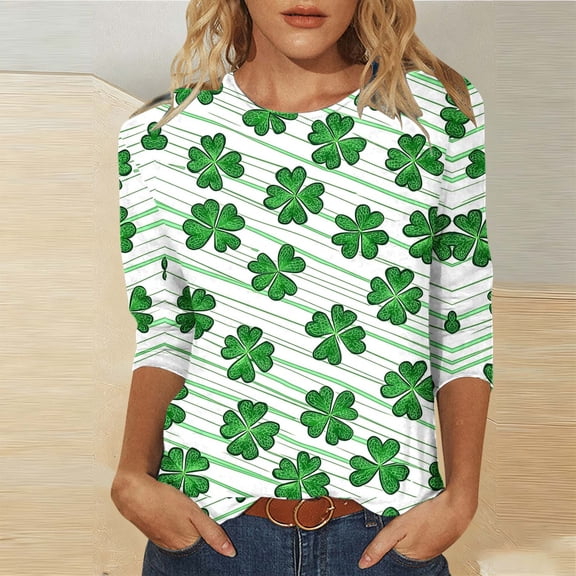 Ounisa Womens 3/4 Sleeve T Shirt Crew Neck St.Patrick's Day Printed Pullover Loose Fit Casual Fashion Trendy Tops S-3XL