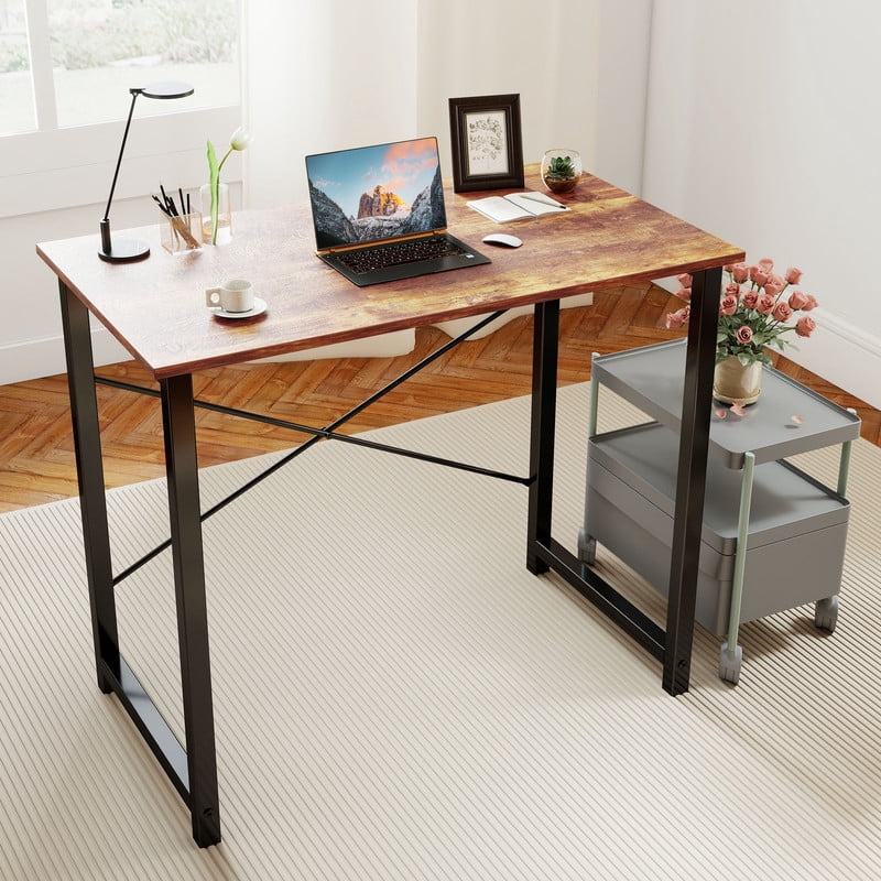 CONCETTA Computer Desk, 40 Inch with Storage Bag and Iron Hooks for Home, Office, Rustic Brown