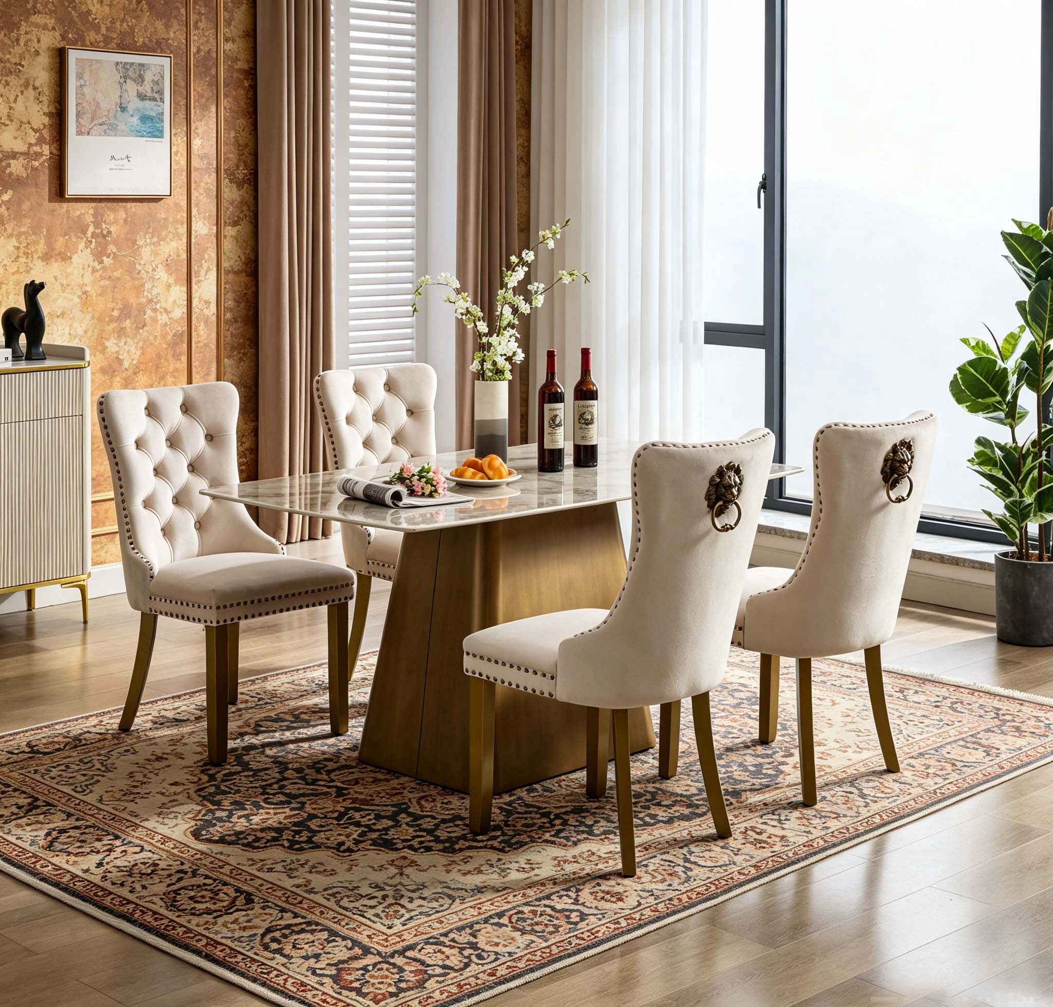 Jiayuan Song Mid-Century Velvet Dining Chairs, Black, Gold Solid Wood Legs & Lion Pulls, Set of 2