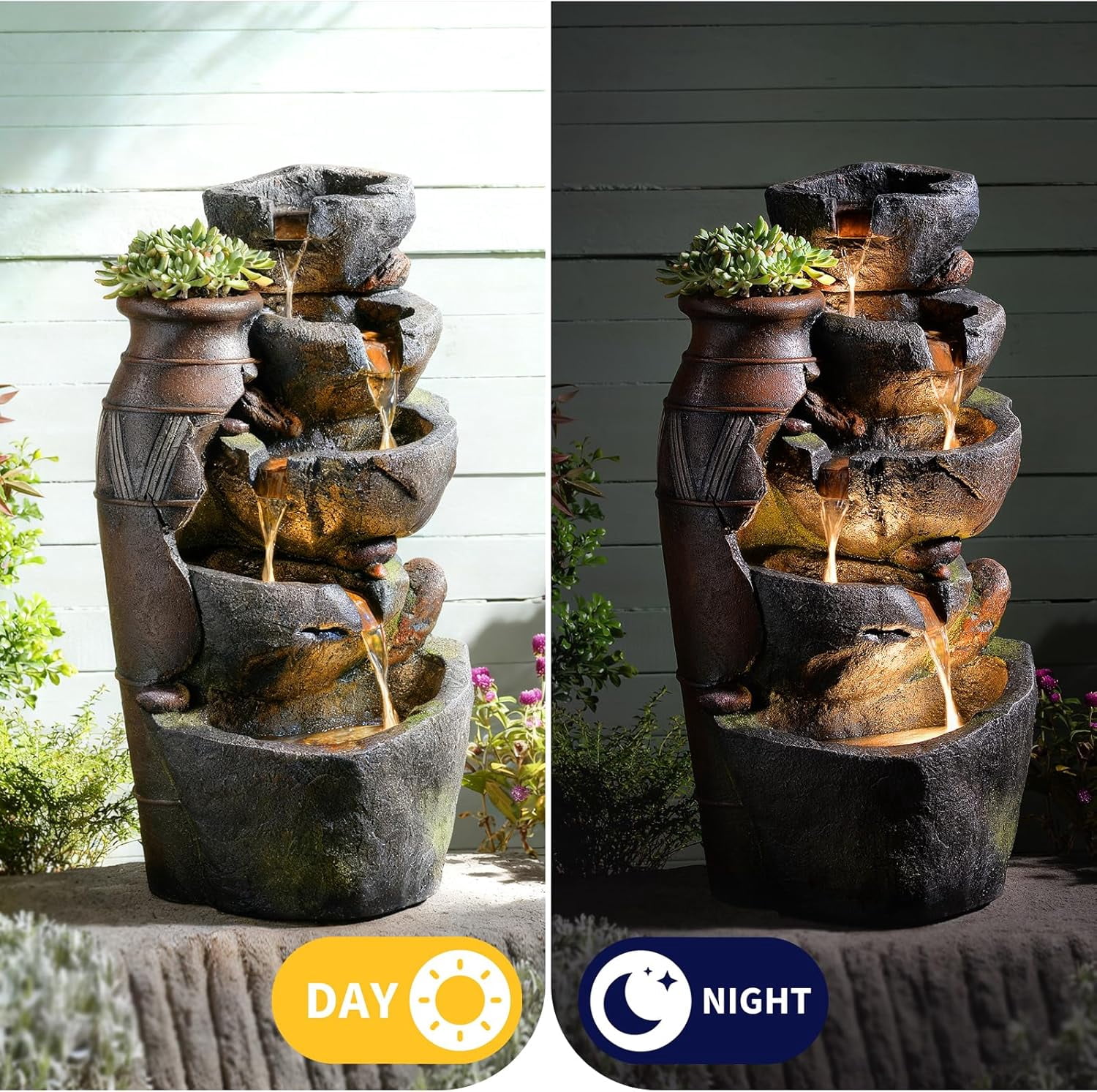 5 Tiered Rock Water Fountain Outdoor with Vintage Jar, Cascading Waterfall Fountain with LED Lights, Outdoor Fountains for Garden or Patio, Yard, and Deck Decor, 16.5" L x 12.6" W x 31.7" H