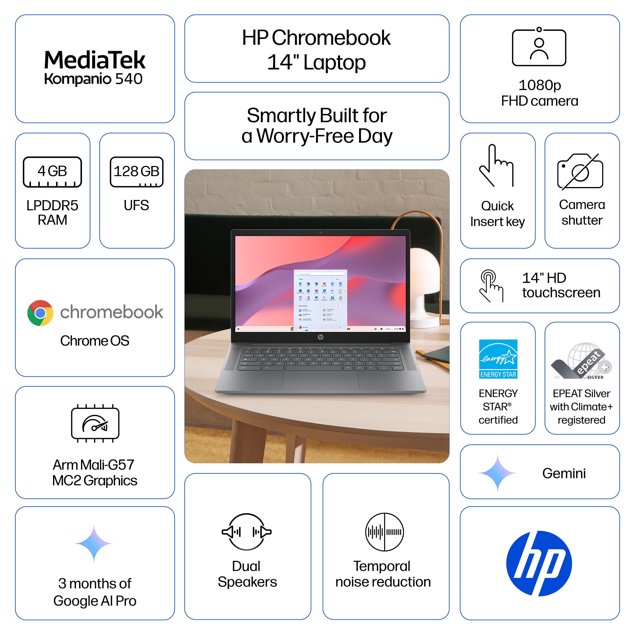 HP Chromebook 14 Laptop PC HD Chrome OS MediaTek Kompanio 540 4GB RAM 128GB UFS Meteor Silver Gemini