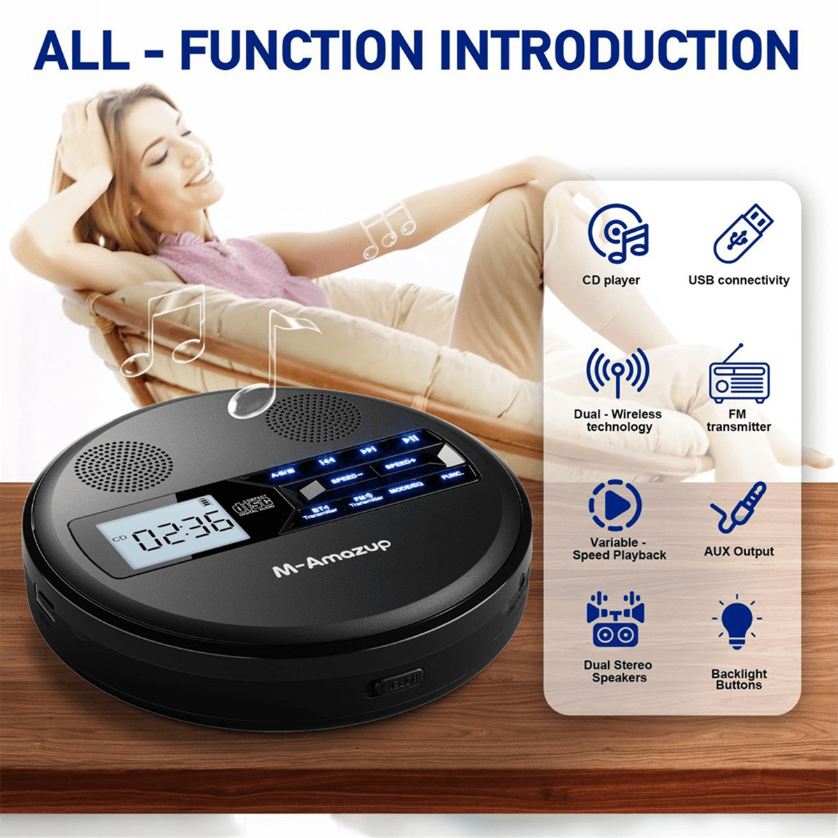 Multifunctional Discman CD Player with Bluetooth, FM, Headphones, Repeater, Learning Machine, USB Stereo Speaker Black