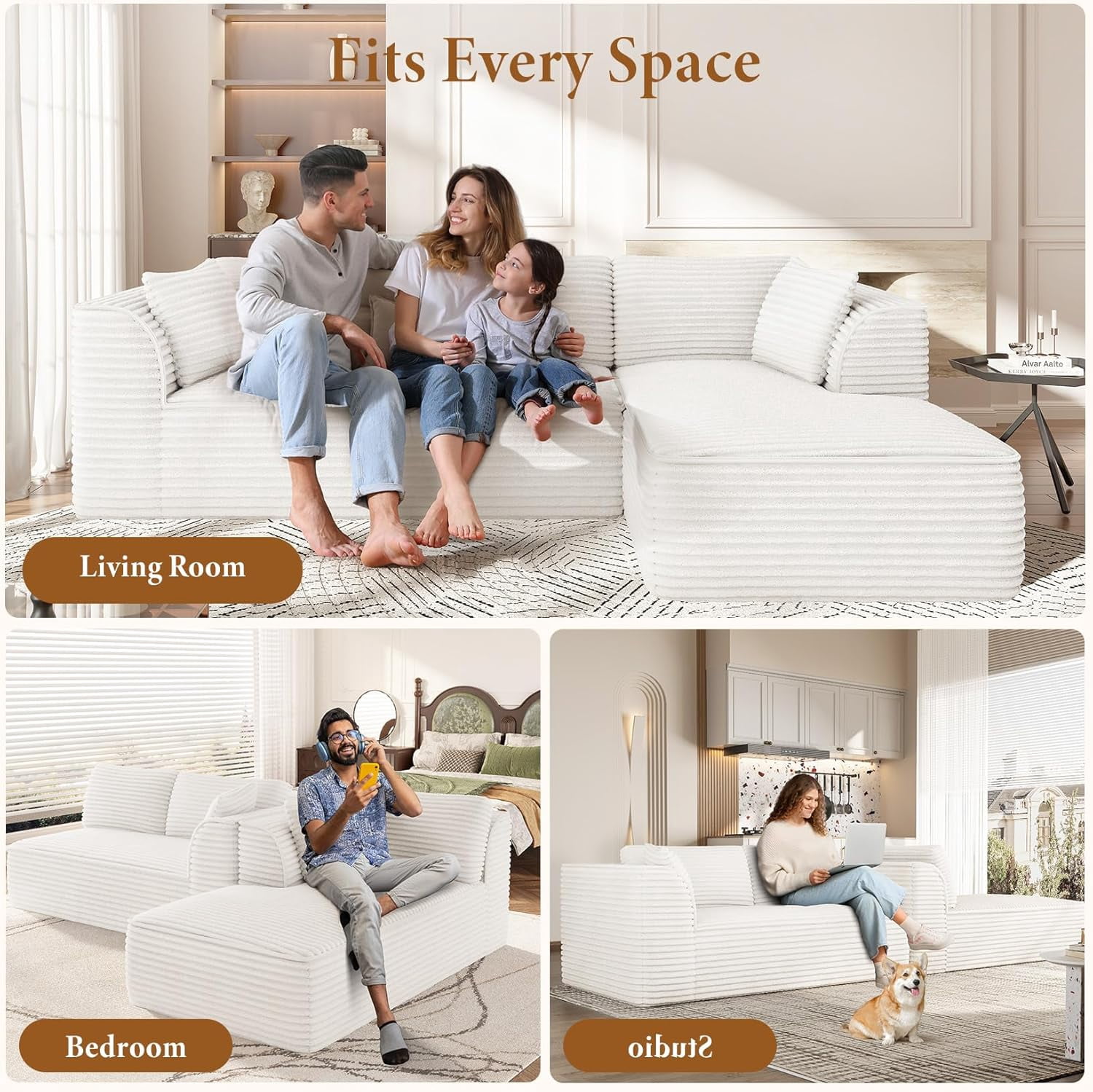 Neche 106" Modular Sectional Sofa with Chaise, Deep Seat Comfy Cloud Couch Corduroy L Shaped Sofa Sectional Couches for Living Room Bedroom, No Assembly Required (Beige, Right-Facing Chaise)