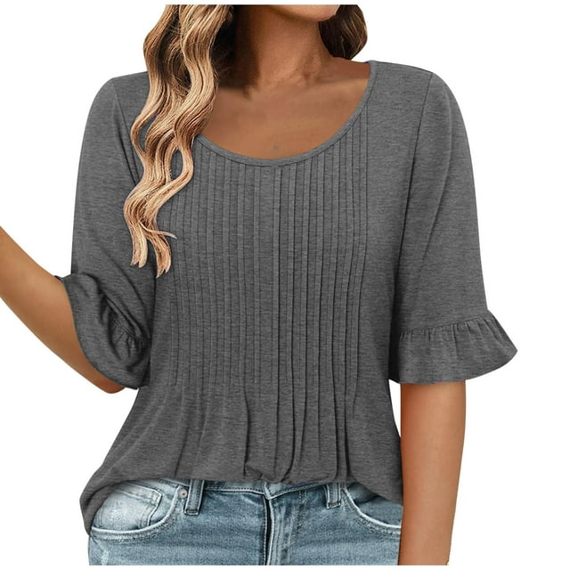 Camisas de Cuello de Tripulación de Manga Corta para las Mujeres Plisado Mangas de Ruffle, Cuello Redondo Casual Primavera Y Blusa de Verano