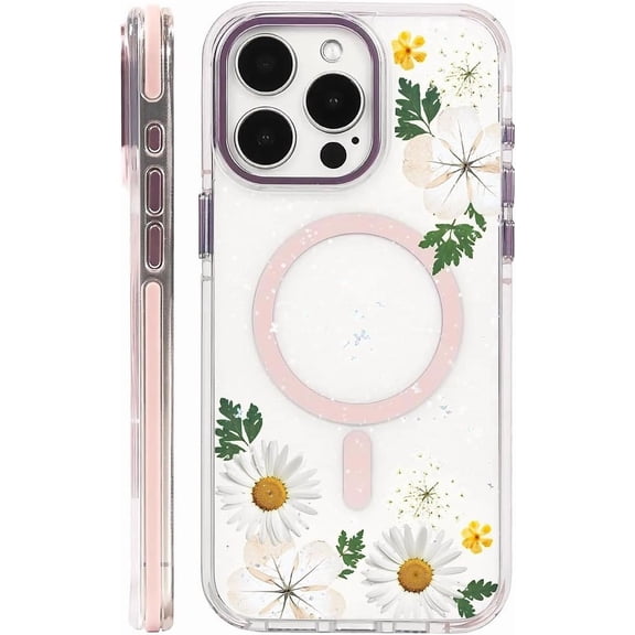 for iPhone 14 Pro Case, White Pressed Flower Compatible with MagSafe & Magnetic Wireless Charging, Shockproof Protective Phone Case Cover for iPhone 14 Pro, Clear Pink