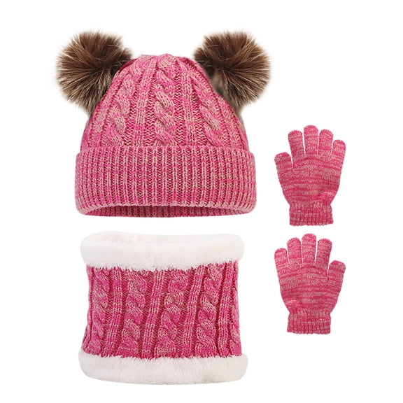 HNMKIU Winter Kids Knitting Cute Solid Color Childrens Keep Warm Label Hat Scarf Set Pink - One Size
