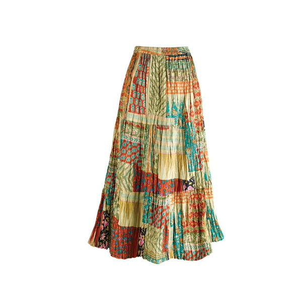Women's Long Patchwork Peasant Skirt - Boho Green/Gold Cotton Maxi Ski ...