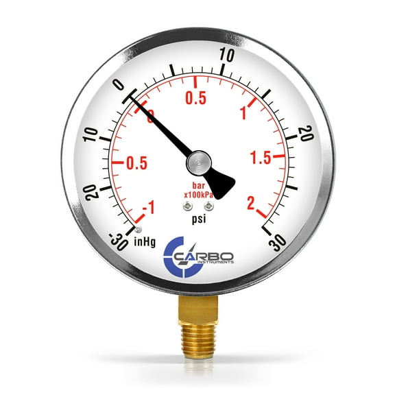 CARBO Instruments 4" Pressure Gauge, Chrome Plated Steel Case, Dry, Vacuum -30Hg/30PSI , Lower Mount 1/4" NPT