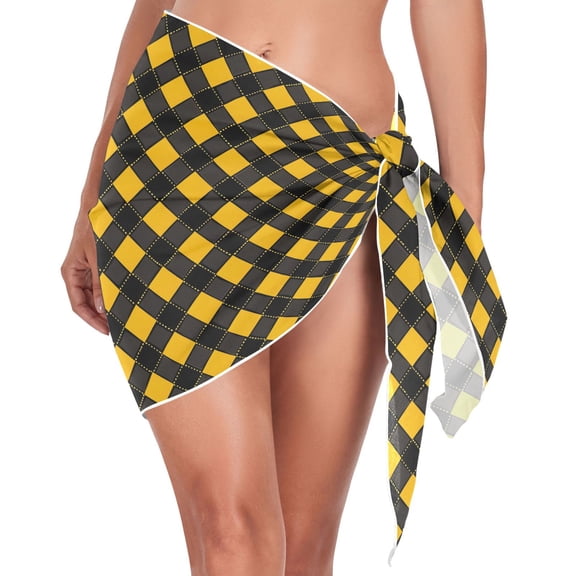 joogoo Art Yellow Checkered Grid Pattern Women's Beach Sarong Bathing Suit Wrap Swimwear Cover Ups M