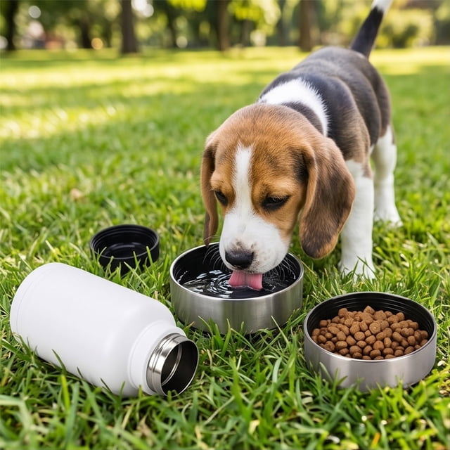 Botella de agua aislante para perros de acero inoxidable con asa y cuencos desmontables para comida y agua para caminar, hacer senderismo y viajar