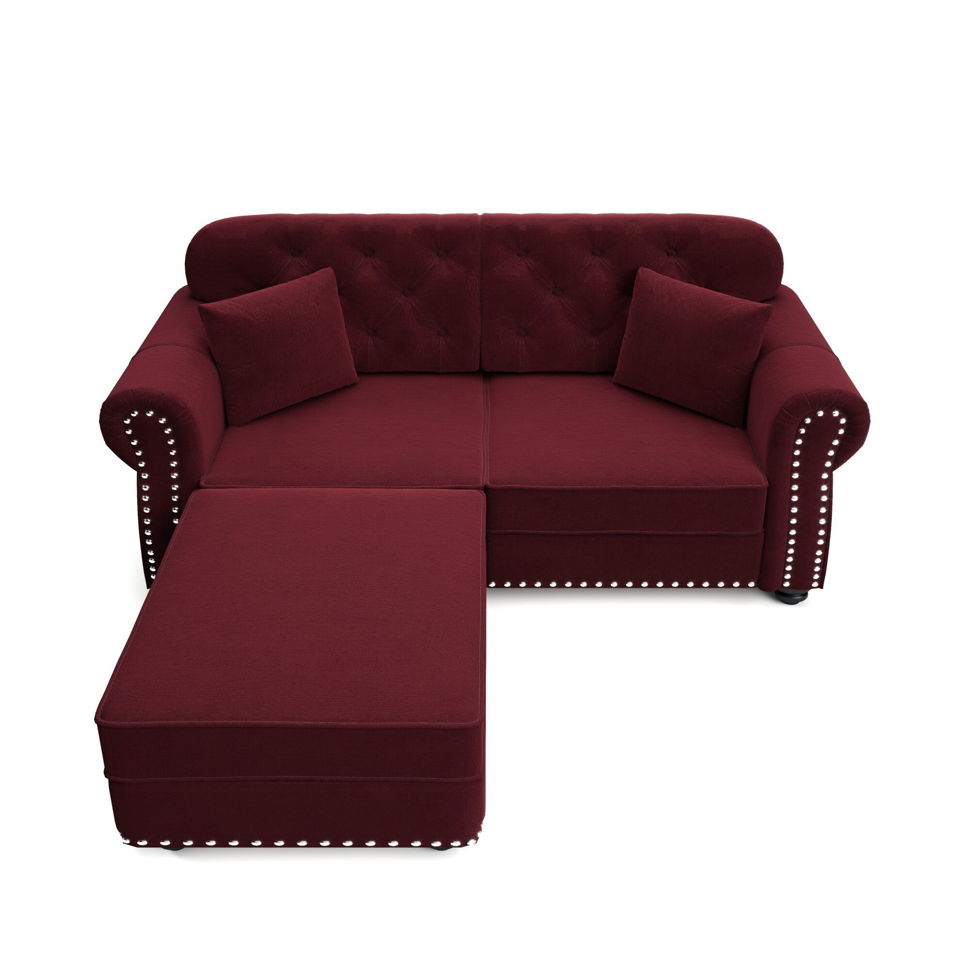 DEALTOPS 63 Inch Reversible Chesterfield Velvet Sectional Sofa with Ottoman, Tufted Nailhead Trim, Burgundy