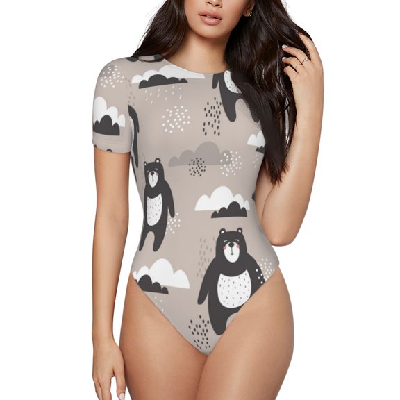 Kdxio Cartoon Bear Brown for Women's Short-Sleeved Onesie Stylish Round Neck Pajamas Bodysuit Jumpsuit Nightwear-Small
