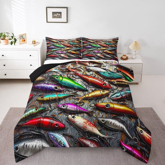 Colorful Fish Themed King Size Comforter/Duvet Set,Fishing Ultra Soft Bed Collection,Sealife Retro Grey Bedding for Room Decor 3 Pcs,Microfiber Breathable
