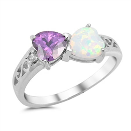 - Sterling Silver Women's Flawless Simulated Amethyst Cubic Zirconia White Simulated Opal Filigree Heart Ring (Sizes 4-12) (Ring Size 11)