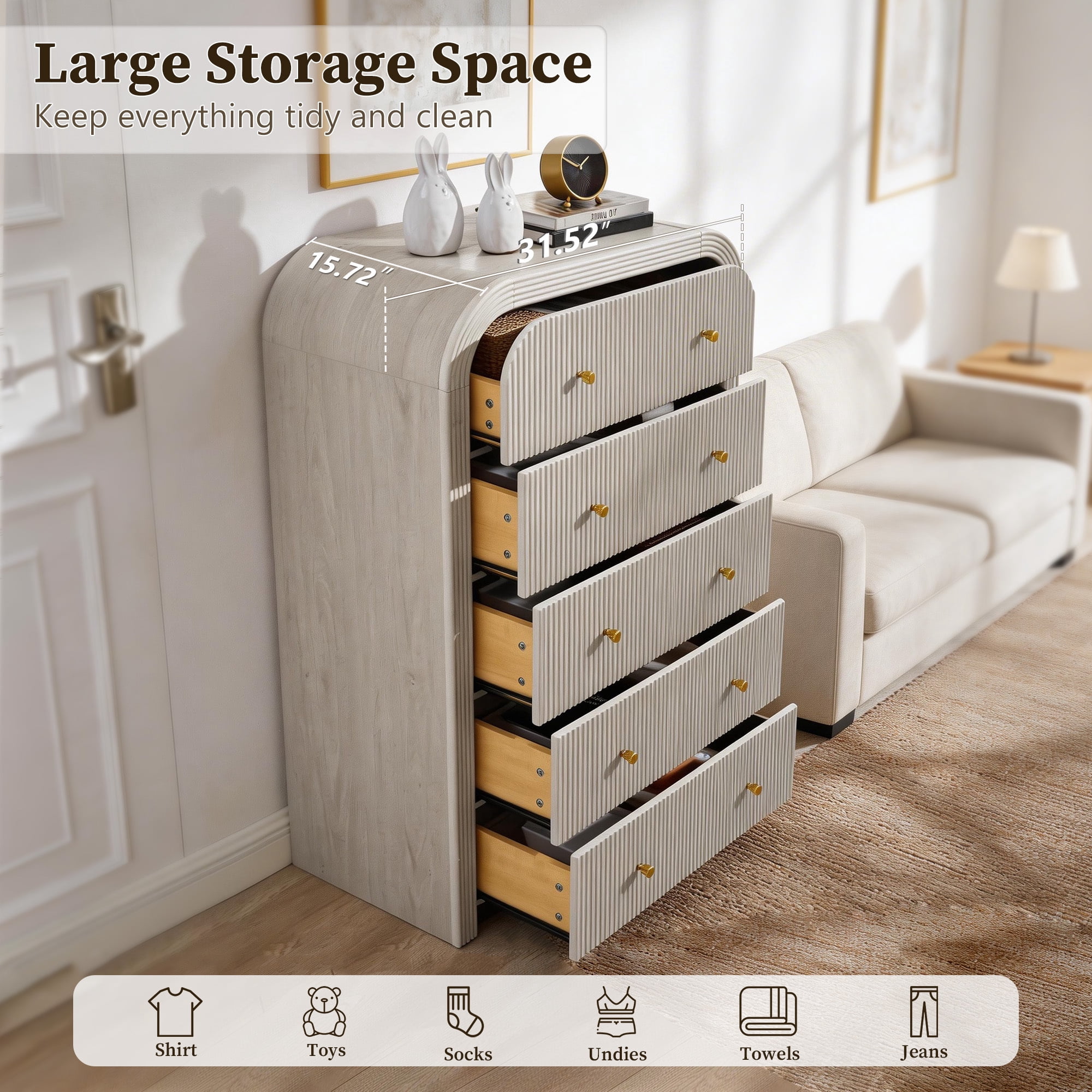 KeyWhat Modern 5-Drawer Dresser, 48" Fluted Tall Chest of Drawers with Curved Profile and Metal Handles, Wood Storage Cabinet for Bedroom, Living Room and Hallway, White Alder