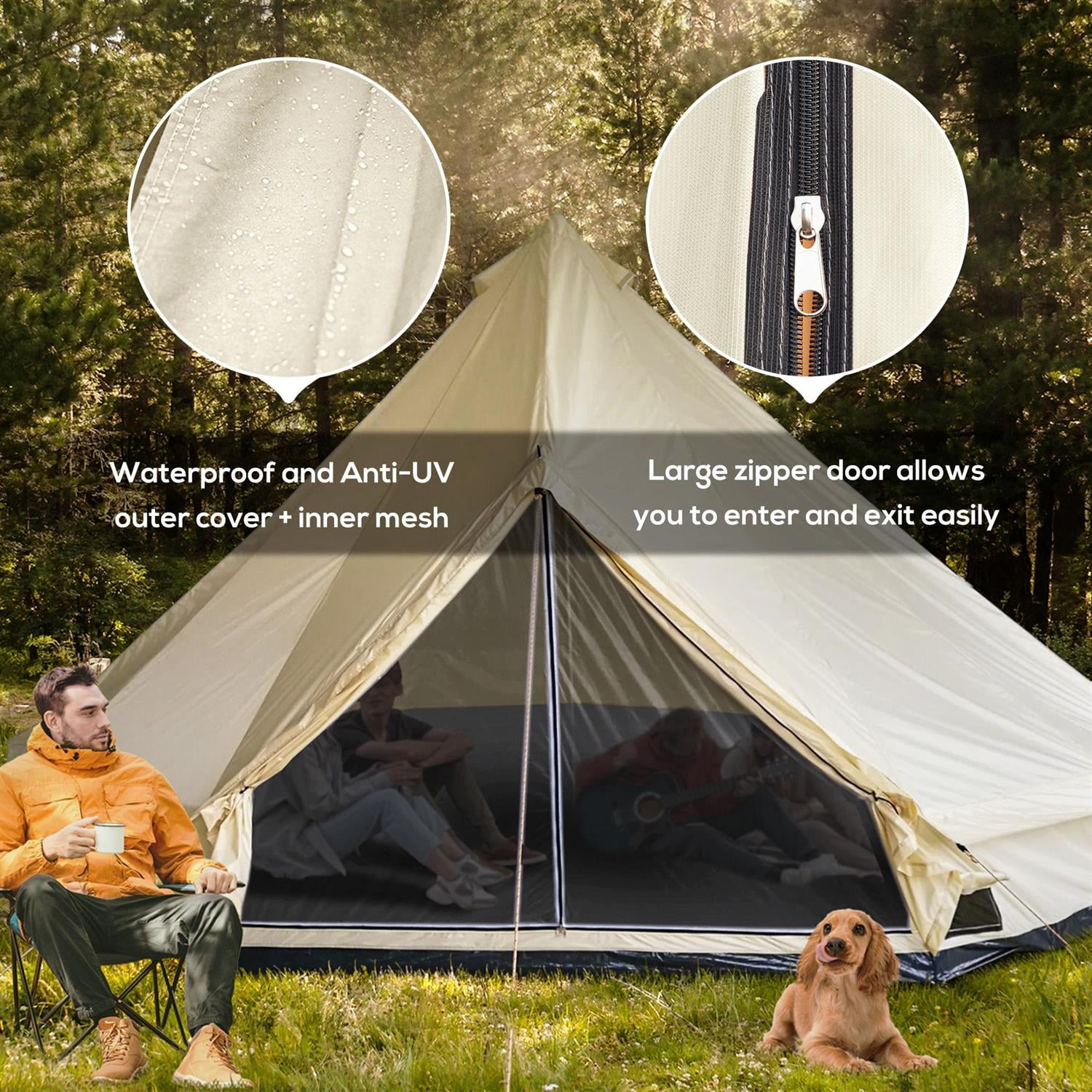Demi Bonn 16.5’x16.5'x10' 10-Person Waterproof Yurt Camping Tent, Unique Style with Spacious Interior & Breathable Design, Beige
