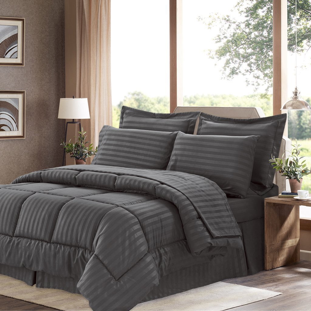 Basic 8Piece Down Alternative Bed in a Bag Comforter Set Queen, Gray