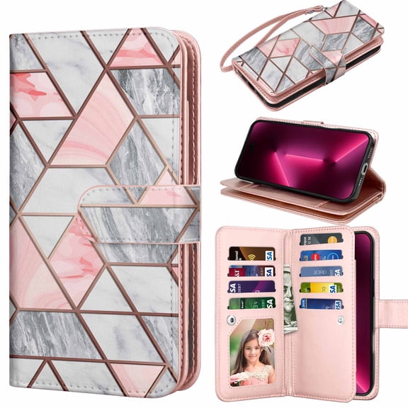 For iPhone 16 Plus Wallet Case with Credit Card Holder, Wrist Strap, Njjex Detachable Magnetic Cover, PU Leather Flip Folio KickstNjjex Protective Case - Marble