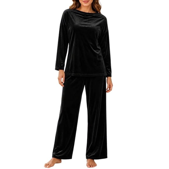 successthop Womens Velvet Sweatsuit Set 2 Piece Casual Long Sleeve Crewneck Pullover Tops and Pant Solid Tracksuit