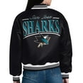 thumbnail image 2 of Women's Starter  Black San Jose Sharks Arch Stripe Satin Full-Snap Varsity Jacket, 2 of 3