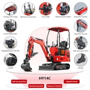 HUAYEE 1.4 Ton Mini Excavator with 200mm Digging Bucket, Ripper, Landscape Rake, HY14C Small Digger with 13.5 HP Engine, Side Swing, Hydraulic Thumb, In-stock in the US
