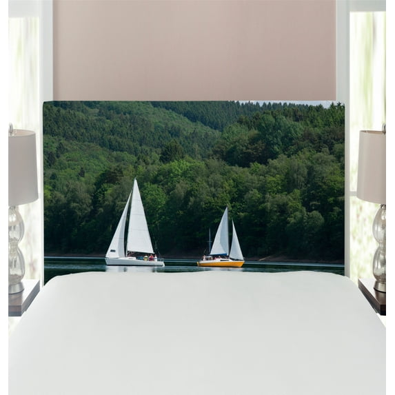 Sailboat Headboard, Sailboats on a Lake Forest Hill Yachting Countryside Coastline Nature Scenics, Upholstered Decorative Metal Bed Headboard with Memory Foam, Twin Size, Green White, by Ambesonne
