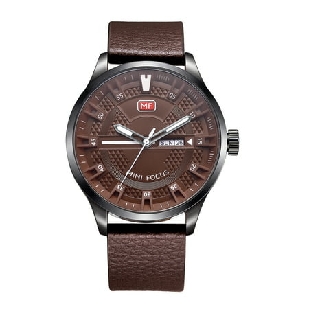Mens Quartz Watch Brown Face Leather Strap Crystal Dial Mirror Date Week for Friends Lovers Best Holiday Gift