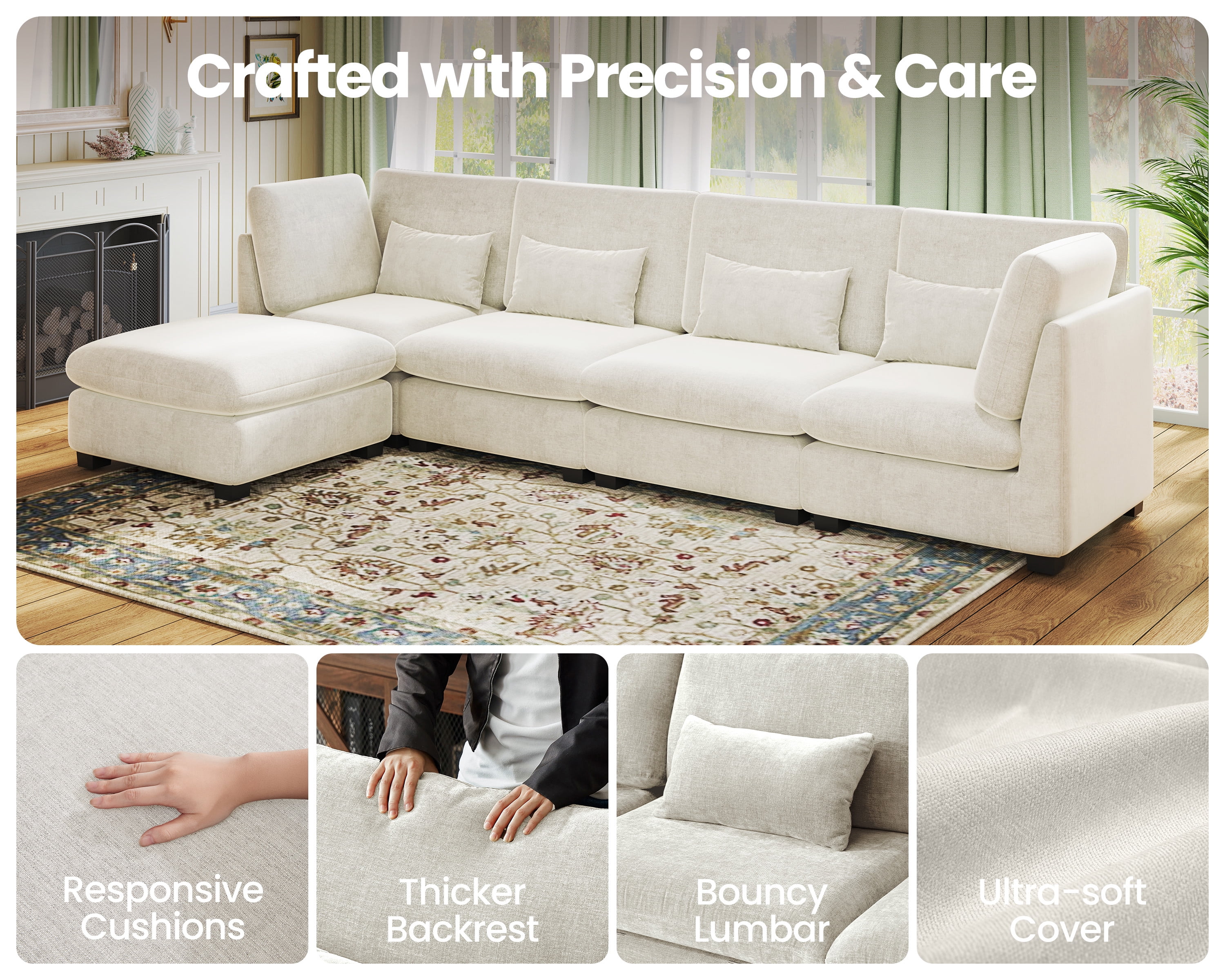 CHIC HOUSE Cloud Modular Sectional Sofa, Oversized Deep Seat Chenille Couch with Ottoman,L Shape 5 Seater Bed for Living Room, Apartment, Villa,FSC-Certified, Green