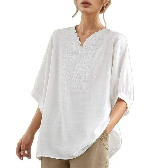 MIXUE Boho Tops For Women Summer Solid Color V Neck Short Sleeve Loose Fit Casual Tshirts Activewear,White,L