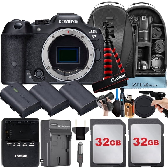 Canon EOS R7 Mirrorless Camera (Body Only) with 2 Pack 32GB Memory Card   3 Pieces Battery   Backpack   Tripod   ZeeTech Accessory Bundle