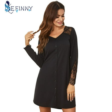 

Wisremt Women’s Lace Patchwork Sleepshirt Lady V Neck Long Sleeve Nightgown Nightshirts Sleepwear S-XXL