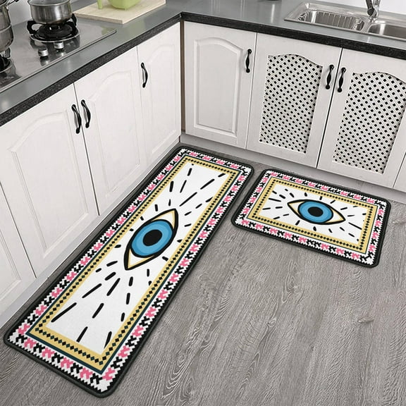 Evil Eye Kitchen Rugs Set Of 2 Boho Non-Slip White Kitchen Rug and Mat Cushioned Kitchen Runner Rug Carpets for Kitchen Floor Bedroom Farmhouse Decor