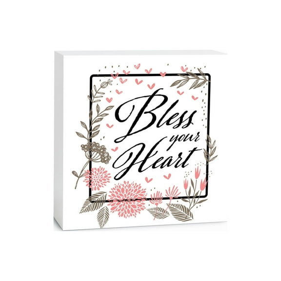 Bless Your Heart Pink Sage Floral 5 x 5 Wood Tabletop Sign Plaque
