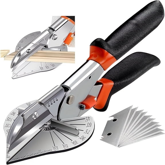 Adjustable 45-135 Degree Multi-Angle Miter Shear Cutter - Hand Tool with 10 Extra Blades for Cutting Plastic, PVC, Wood, and Molding Trim, Black