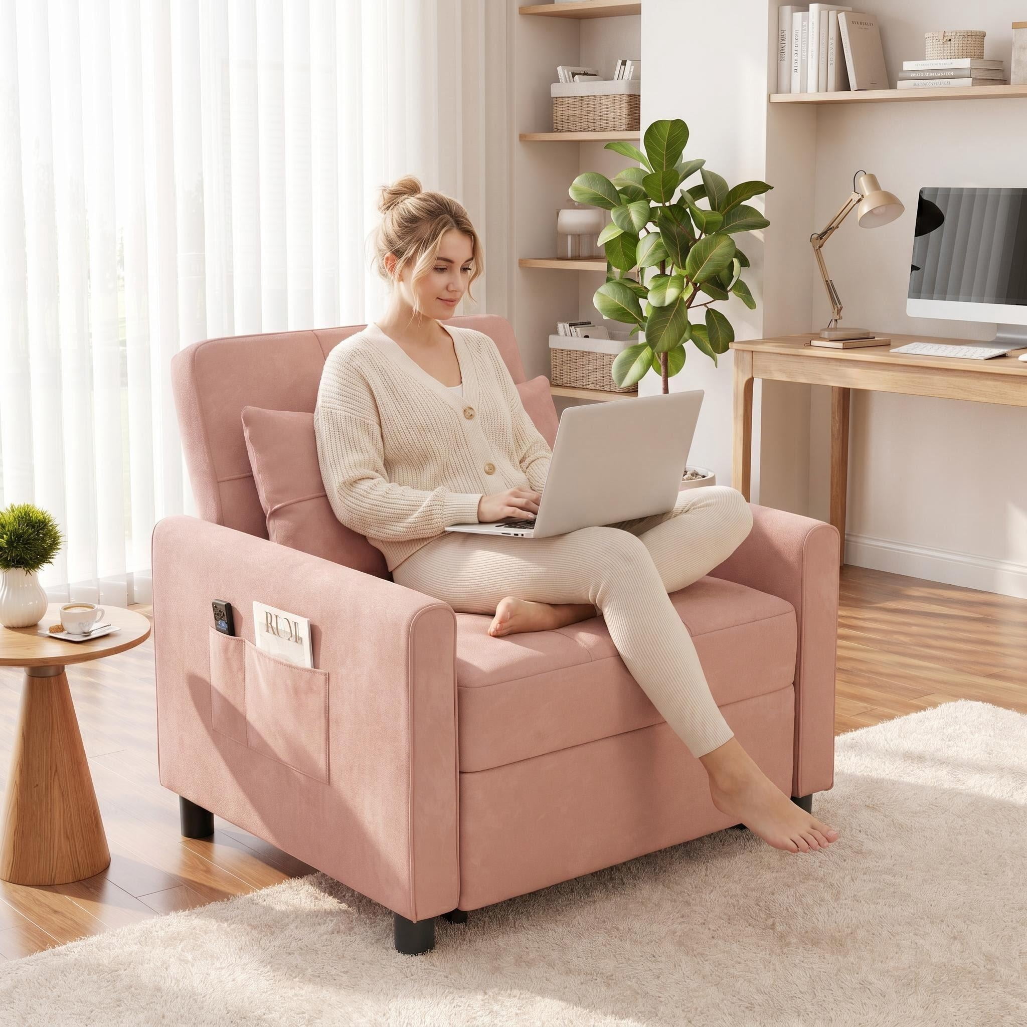 Sleeper Sofa, Lofka 3 in 1 Convertible Single Sofa Bed with Pull Out Couch for Living Room, Apartment,Pink