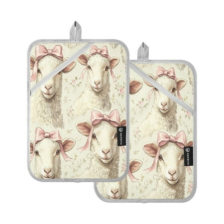 

Sheep with Bows Tied To Their Heads Pattern Square Insulation Pads 2 Piece Heat Resistant 338 Degrees F Oven Mitts for Kitchen Table BBQ Microwave and Other Cooking Occasions