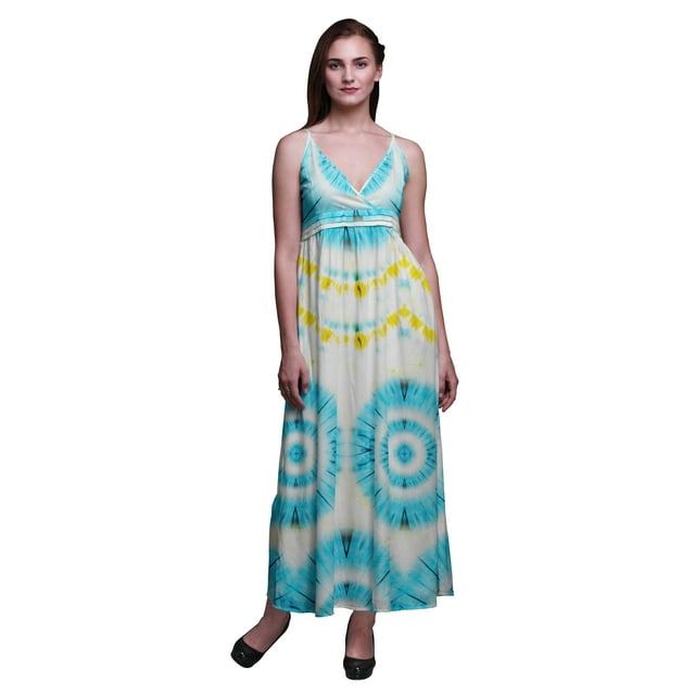 Bimba Robe Longue Maxi à Bretelles Spaghetti Réglables Imprimée Teinture sur Nœuds Tenue de Plage Été-TTTG