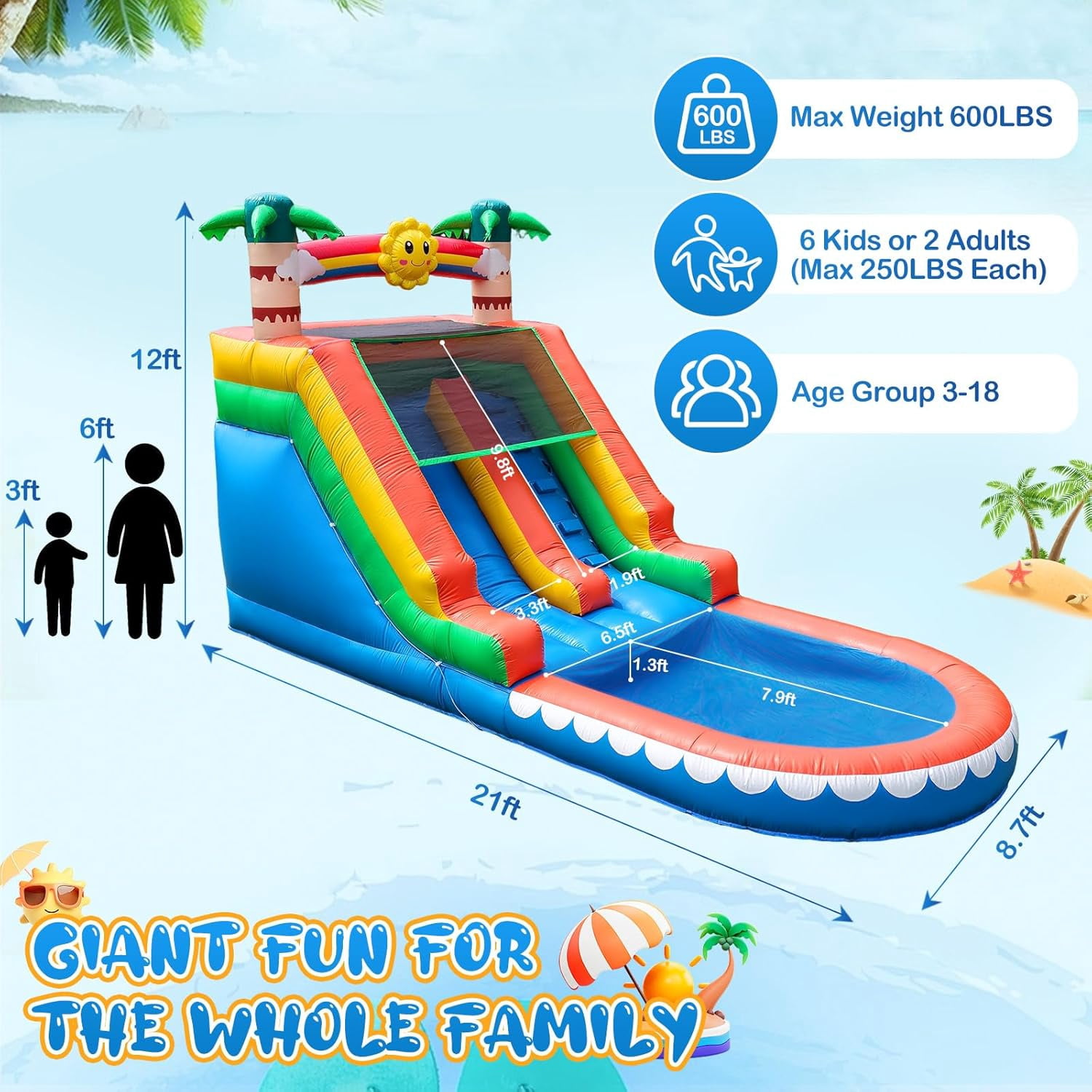 COCOFISH Outdoor Water Park: 21FT Tropical Inflatable Slide with Palm Tree Theme, Climbing Wall, Splash Pool & 950W Blower for Backyard Fun