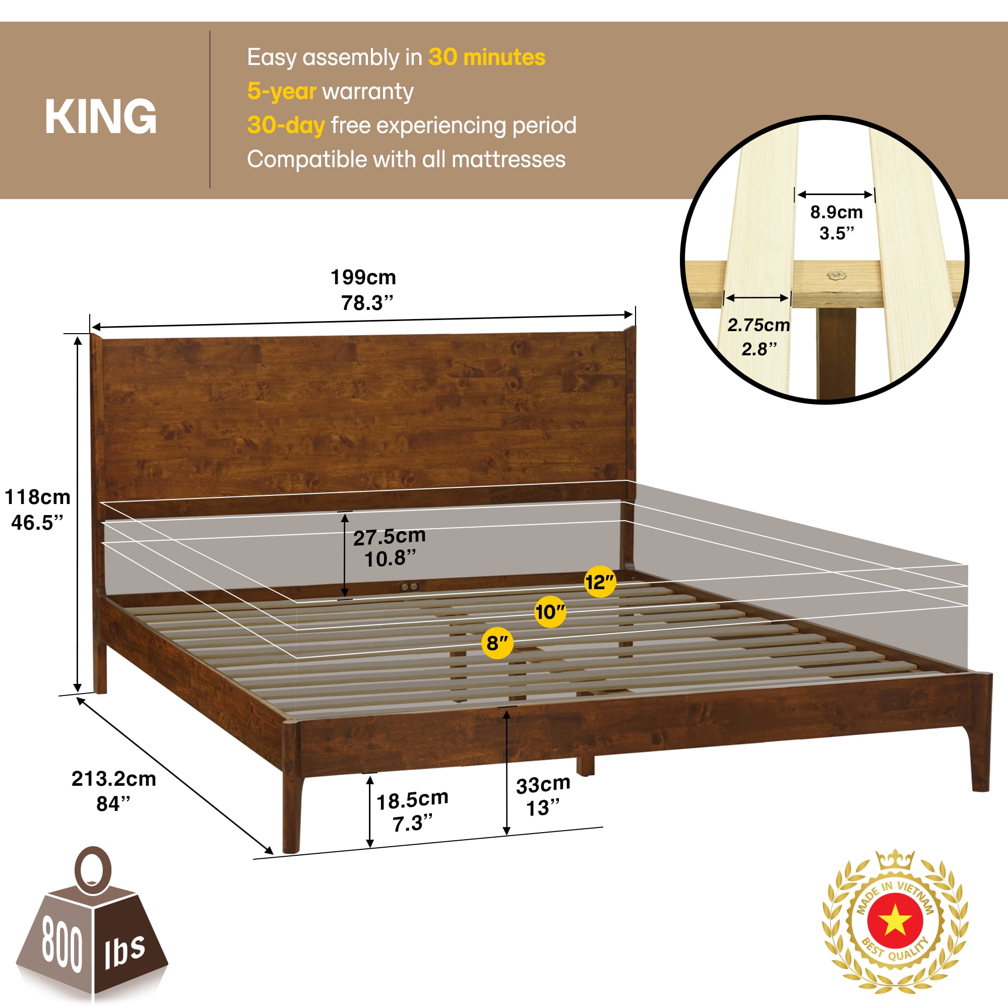 Acacia Haven King Size Bed Frame and Headboard Solid Wood Platform Bed, King Bed Frame 800 lbs Capacity, Scandinavian Signature Wood Bed Compatible with All Mattresses, Walnut