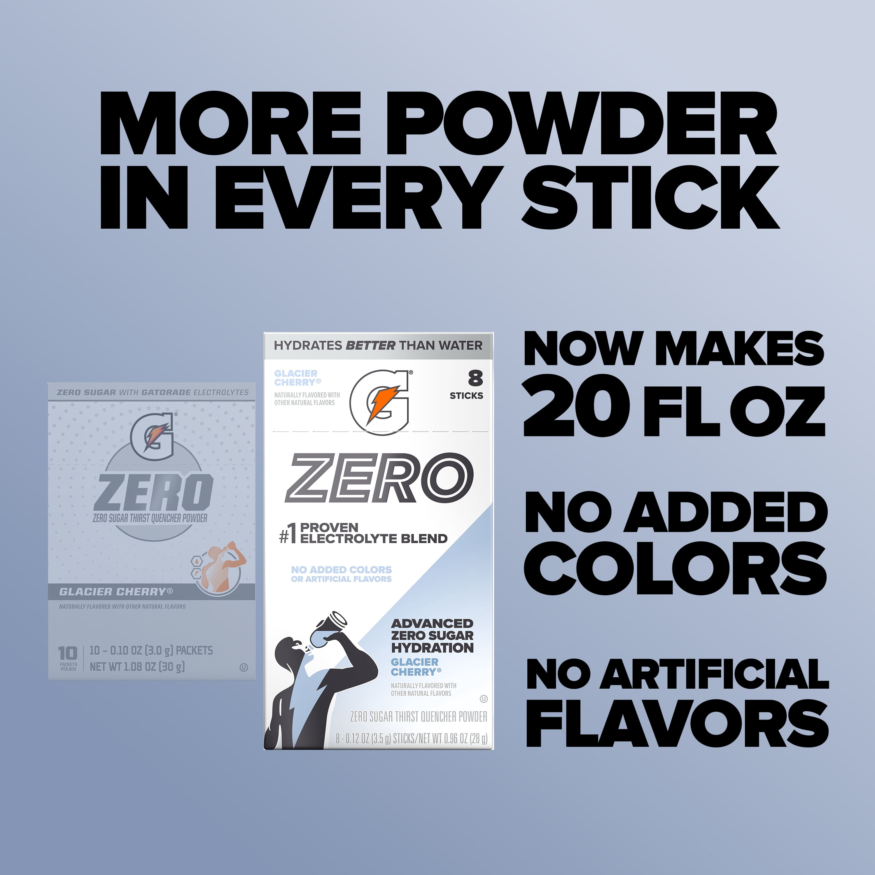 (12 pack) Gatorade Zero Sugar Glacier Cherry, On the Go Packs, Electrolyte Powder Drink Mix, 0.12 oz, 8 sticks