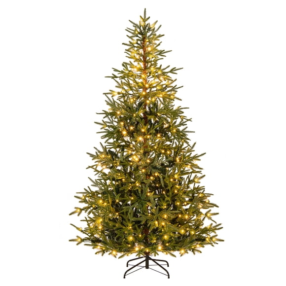 Gymax 7 FT Pre-Lit Artificial Christmas Tree Hinged Xmas Tree w/ 300 Warm White & Multicolored LED Lights