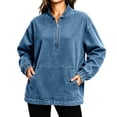 thumbnail image 6 of JGGSPWM Women's Denim Pullover Loose Tops with Pockets Oversized Quarter Zip Vintage Distressed Sweatshirt Long Sleeve Jean Top Blue S, 6 of 8