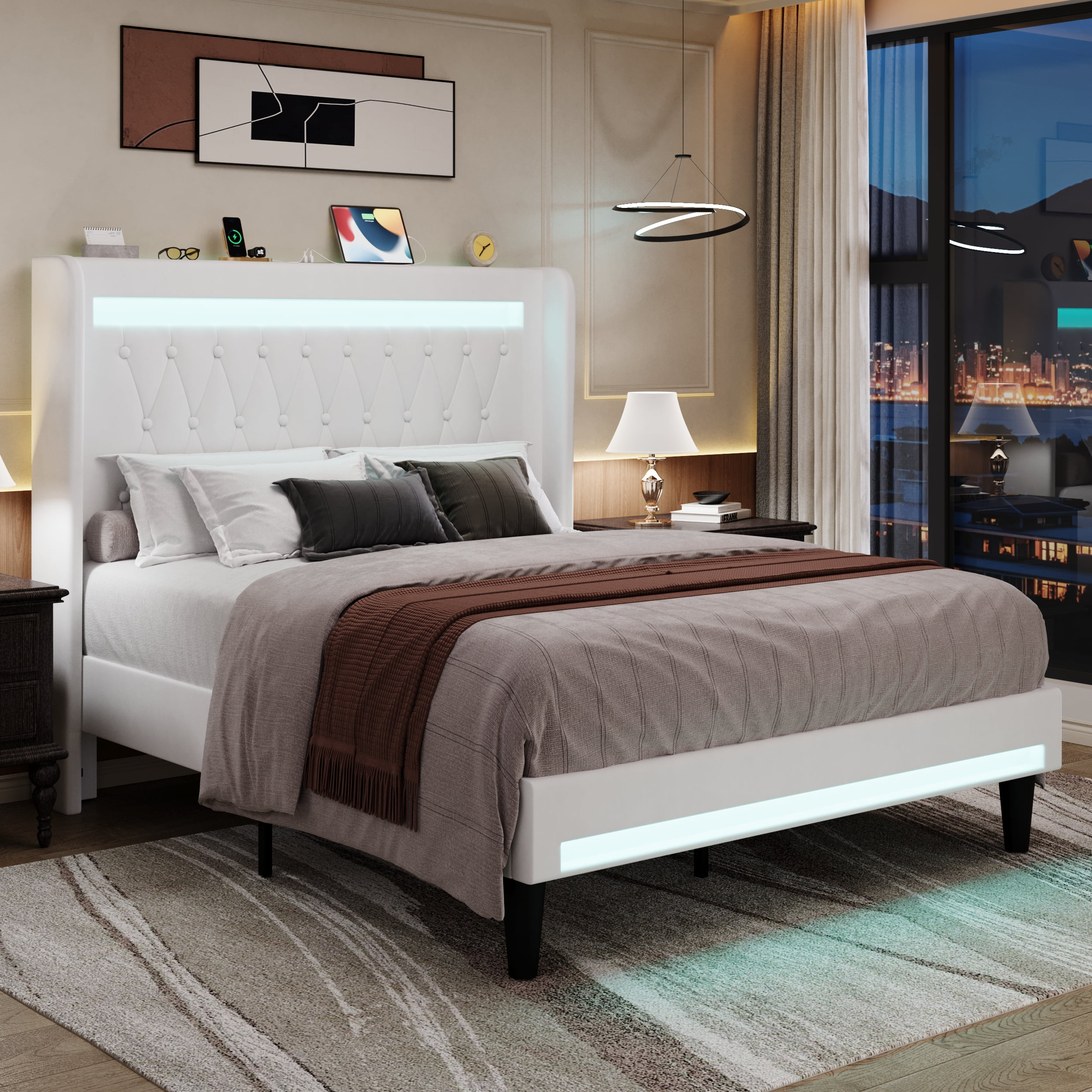 Amolife Queen Size LED Bed Frame, Upholstered Velvet Platfrom Bed with Charging Station, High Wingback Headboard & 2 Lights, No Box Spring Needed, 900 LBS Capacity, White