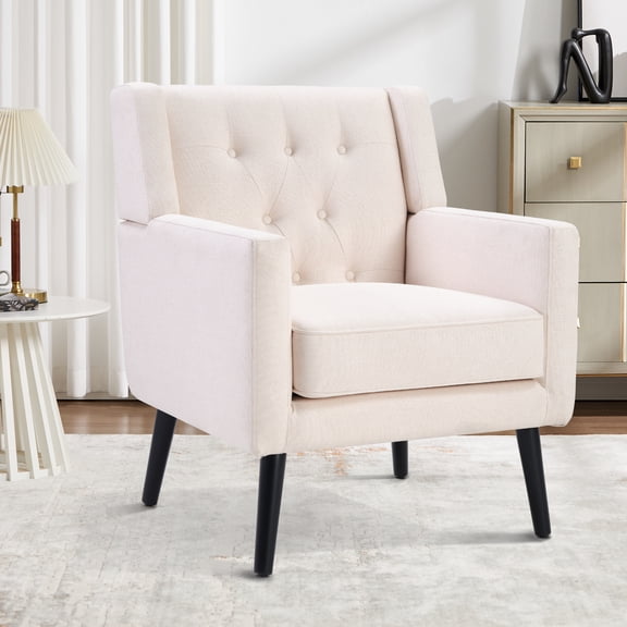 Ebello Linen Accent Chair, Mid-Century Modern Upholstered Armchair with Thick Padded Seat for Living Room, Bedroom, Easy Assembly, Beige