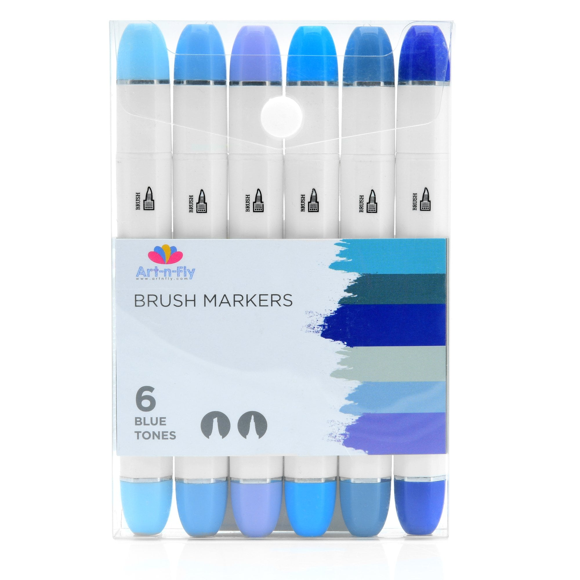 Professional Brush Tip Markers Set of 6 Blue Colored Manga Markers for