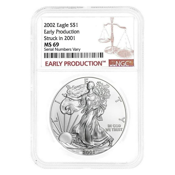 2002 1 oz Silver American Eagle Struck in 2001 NGC MS 69 Early Production