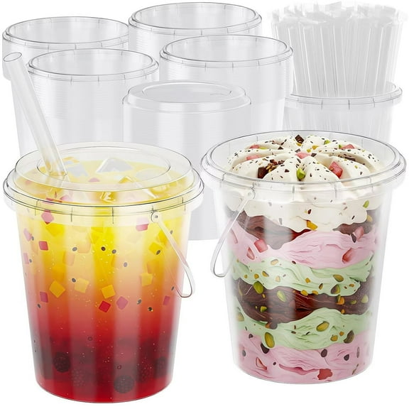 QUIOCOZY 100 Sets Clear Plastic Buckets with Lids and Straws, 32 Oz Drink Bucket with Handle Disposable Cocktail Pails for Beach Pool Halloween Football Parties Bar Beer